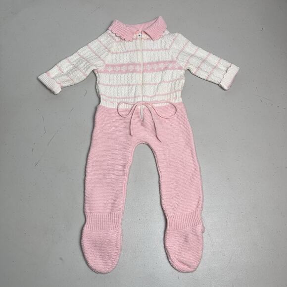 Vintage Pink White Knit Baby Sleeper Footed Zip Front Long Sleeve NO SIZE TAG - Picture 2 of 11